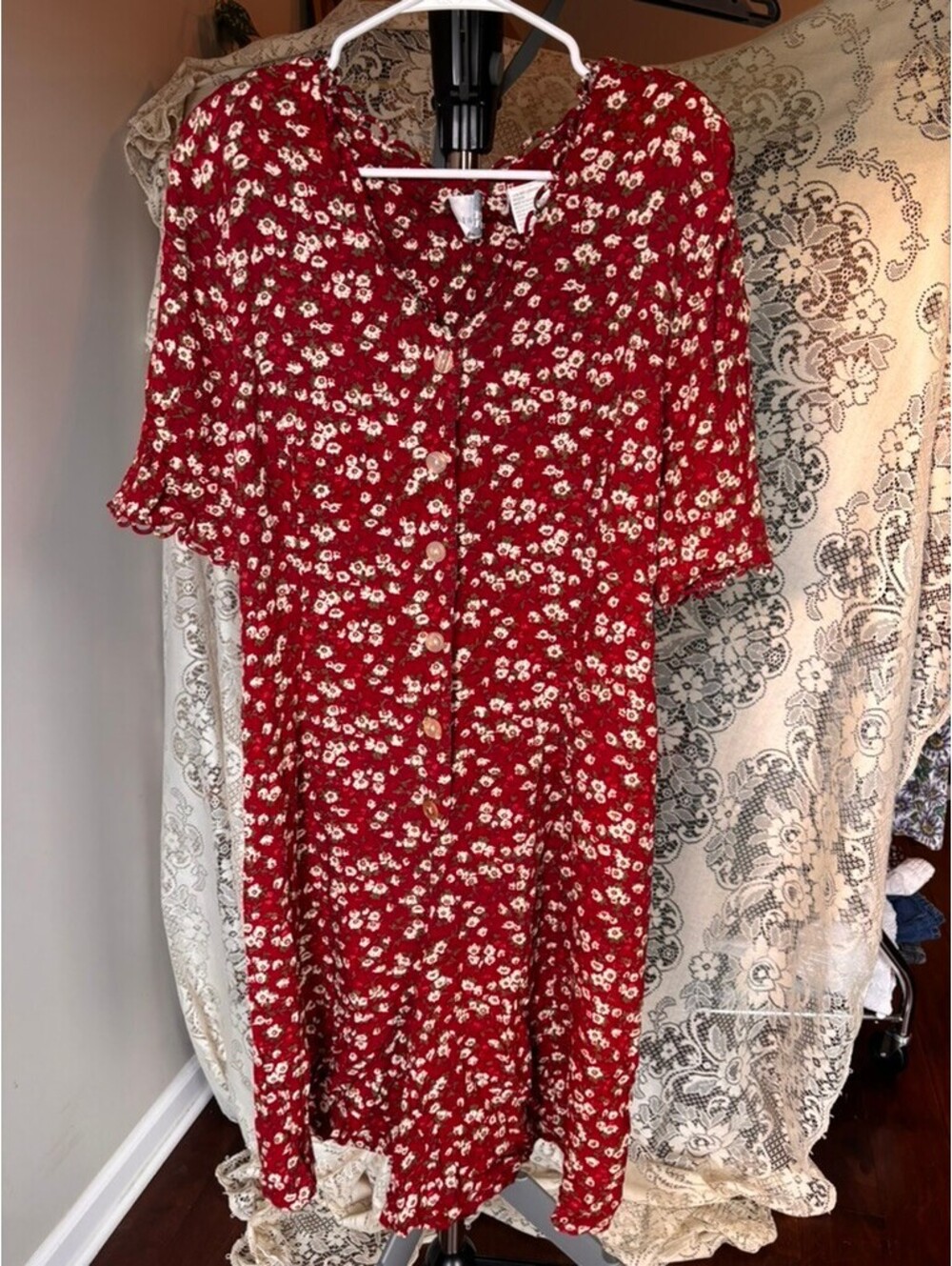 Hazelmode Plus Red Floral Romper Cottagecore Lace Up Back Rayon Size L